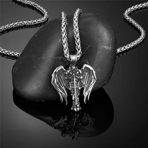 Vista 2 de Collares de caballero nórdico para hombre, amuleto de acero de titanio, con alas de arcángel, colgante de amuleto para hombre, joyería masculina que