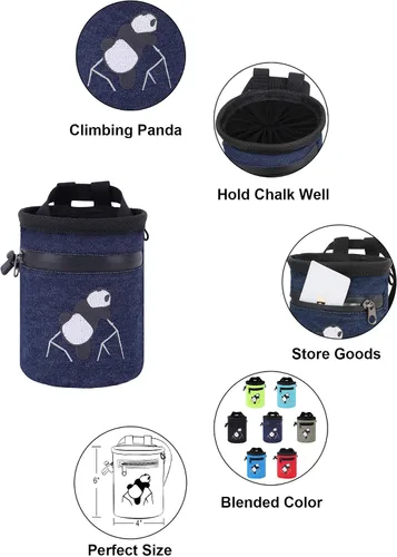 Vista 6 de AMC Bolsa de tiza bordada de panda escalada en roca con bolsillo con cremallera Azul mezclilla