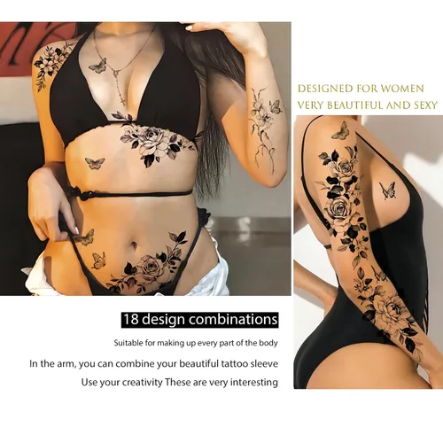 Vista 2 de Tatuajes temporales para mujer, sexy, muslo, pecho, hombro, estómago, flor grande, enormes tatuajes falsos, exquisitos y estéticos, diseñados por