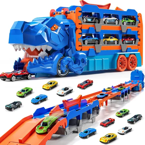 Vista 8 de Camión transportador de dinosaurios de juguete para niños de 3, 4, 5, 6 años, traje de pistas de autos para niños con 12 autos de carreras fundidos