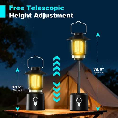 Vista 3 de Linterna LED telescópica para campamento, 8000 mAh, funciona con pilas, luces de campamento vintage, 3 modos de luz, luces de tienda de campaña