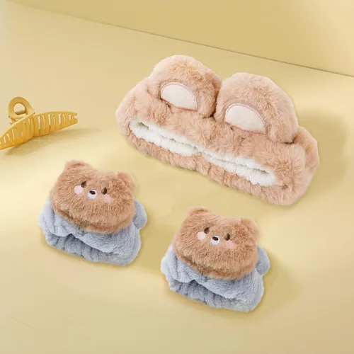 Vista 6 de WHAVEL Juego de 3 bandas para el cabello, diadema de spa y pulsera con lindas orejas de oso, bandas de lavado facial para mujeres y niñas (café 01)