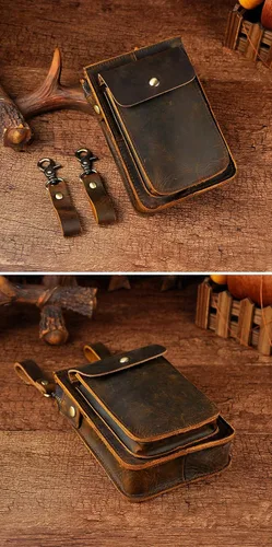 Vista 4 de Le'aokuu Riñonera de cuero genuino para hombre, 021 A1 Marrón Oscuro