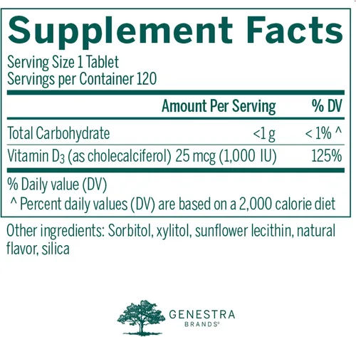 Vista 2 de Genestra Brands D3 1000 masticable Suplemento de vitamina D 120 tabletas masticables Sabor natural a grosella negra
