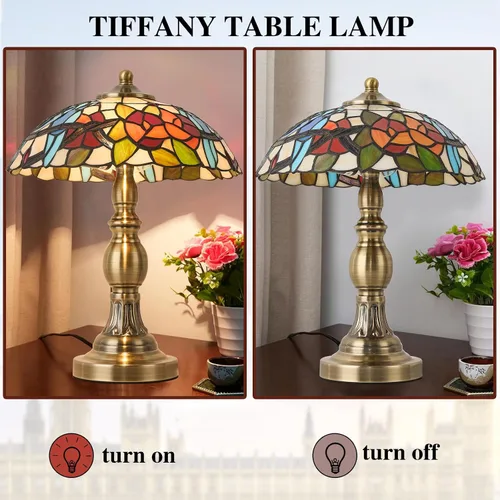 Vista 6 de Lámpara de mesa estilo Tiffany, lámpara de mesa de vidrio manchado, lámpara de decoración antigua artesanal para mesita de noche, dormitorio, sala