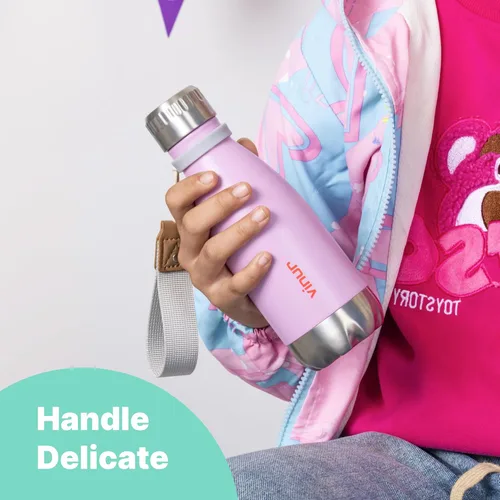 Vista 7 de VINUR Botella de agua para niños, 9 onzas, acero inoxidable, doble pared, aislada al vacío, botella de agua para la escuela, frasco en forma de cola