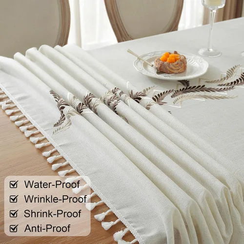 Vista 5 de JIALE Mantel para mesa rectangular, 70 pulgadas, manteles marrón y beige de 70 pulgadas, lino de algodón resistente (2 piezas)