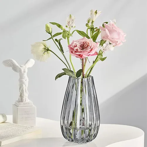 Vista 7 de Floreros de cristal transparente de 8 pulgadas, jarrón acanalado, para centro de mesa, decoración de escritorio interior, moderno estilo bohemio