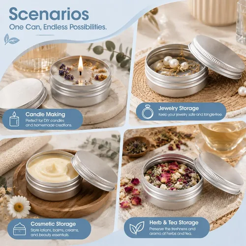 Vista 6 de Paquete de 4 latas redondas de aluminio con tapas, lata de metal pequeña vacía de 2 onzas con tapas de rosca, recipientes recargables para barras