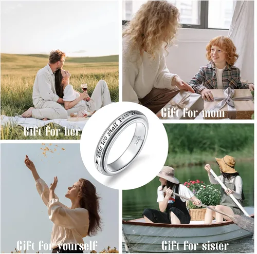 Vista 6 de Anillo giratorio de plata de ley 925 para hombres y mujeres, anillos para aliviar la ansiedad y el estrés y TDAH, anillos para autismo con mensaje