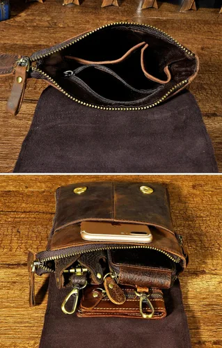 Vista 6 de Le'aokuu Riñonera pequeña de cuero genuino para hombre, bolsa de hombro para teléfono, cinturón y cintura, café Oscuro Grande