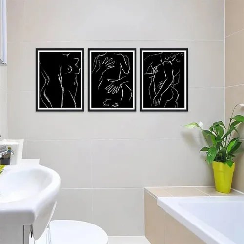 Vista 4 de Novatique 3 piezas de arte de pared sexy en blanco y negro para parejas desnudas, decoración de pared abstracta de amor para mujeres y hombres, arte