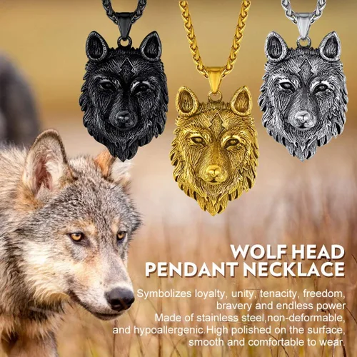 Vista 2 de Richsteel Collares para hombres de acero inoxidable 316chapado en oro de 18 quilatesnegro lobo colgante vikingo nórdico joyería