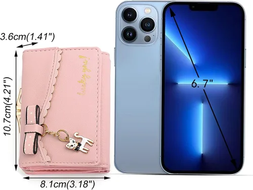 Vista 7 de UTO Cartera triple para mujer, lindo gatito con lazo, tarjetero pequeño