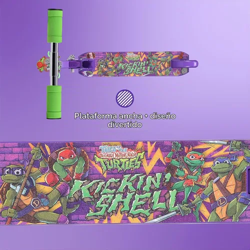 Vista 5 de Monopatín de 2 ruedas con ruedas que se iluminan – Plegable, plataforma antideslizante, cómodo y suave para andar TMNT