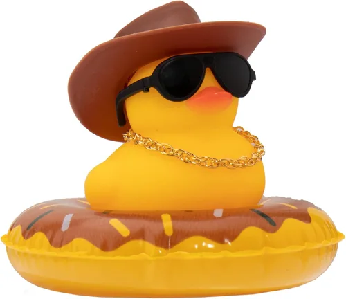 Vista 9 de wonuu Pato de goma para automóvil, decoración de pato amarillo con sombrero para el sol, anillo de natación, collar, gafas de sol para decoración