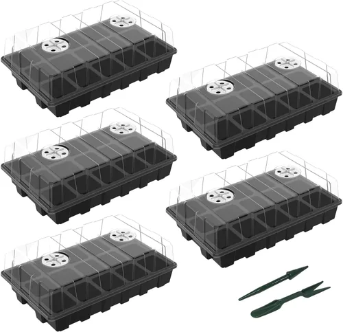 Vista 10 de Gardzen Juego de 10 propagadores de jardín, kits de bandejas de semillas negras con 120 celdas, bandejas de inicio de semillas con cúpula y base