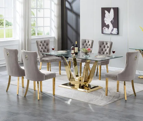 Vista 28 de SSLine Mesa de comedor de cristal dorado de 70 pulgadas para 4-6, base de Mesa de oro floral