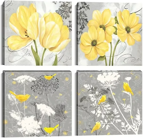 Vista 23 de Wall HDQ Arte de pared de flores para baño, dormitorio, sala de estar, decoración de pared azul y naranja, pintura floral, lienzo impreso, imagen