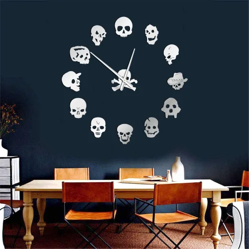 Vista 9 de Gran calavera 3D DIY reloj de pared Frameless Espejo Superficie Etiqueta de pared (negro)