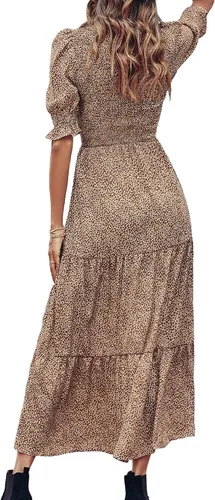 Vista 171 de BTFBM Vestidos para mujer, cuello redondo, casual, de verano, con volantes, manga corta, bohemio, con niveles, fruncido, largo, con estampado floral