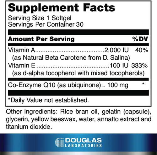 Vista 2 de Douglas Laboratories Coenzima Q10 Plus Vitamina A y E Apoya la producción de energía y el funcionamiento adecuado de las células 30 cápsulas