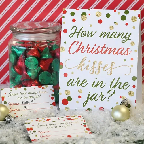 Vista 2 de Juego de fiesta de Navidad - Cuántos besos - Cartel de pie y 30 tarjetas