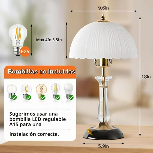 Vista 2 de Juego de 2 lámparas de mesa de cristal, lámpara de mesita de noche regulable con interruptor de encendido/apagado, lámparas de vidrio modernas