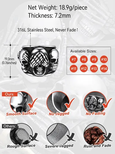 Vista 6 de FaithHeart 3 anillos de calavera para hombre, acero inoxidable sólido, gótico, punk, motociclista, esqueleto, para grabar, tallas 7-14