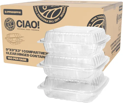 Vista 10 de CIAO! Contenedor negro con bisagras MFPP de 6"x6"x3" con tapa, 1 compartimento (caja de 300)