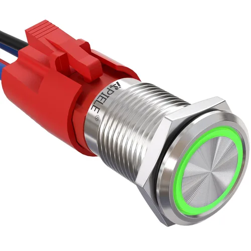 Vista 12 de APIELE - Interruptor de botón de cierre de 16mm, 12V, ojo de ángel LED, impermeable, redondo, autobloqueante, 1NO (aluminio negro, azul)
