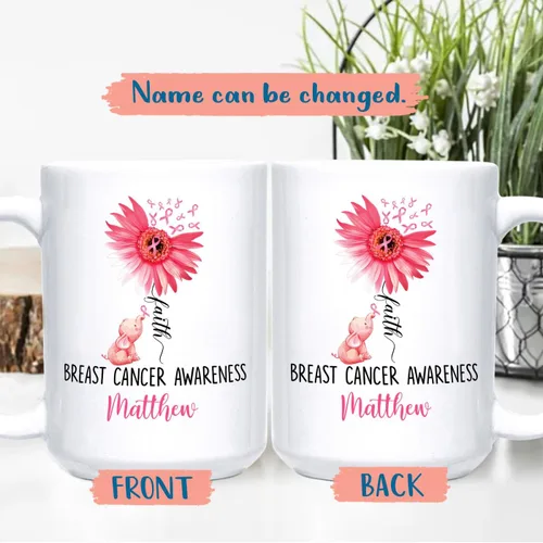Vista 2 de Taza de café de concientización sobre el cáncer de mama con nombre personalizado, taza de café de 11 onzas, taza de té de cerámica blanca