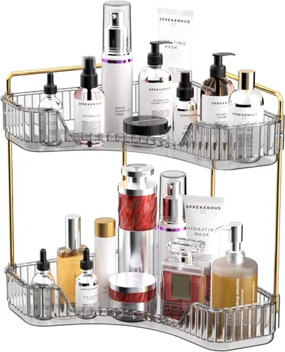 Vista 14 de GTI Organizador de maquillaje de 2 niveles, organizador de encimera de baño de gran capacidad, organizador de perfumes, cosméticos para el cuidado