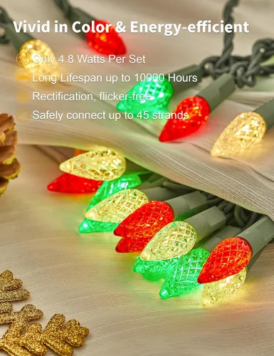 Vista 4 de BOHON Luces de Navidad rojas, blancas y verdes, tira de 50 luces LED facetadas C6 de 17 pies, enchufable, cable verde extensible, mini tira de luces