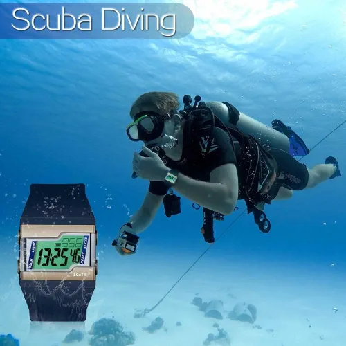 Vista 2 de Reloj de pulsera digital resistente al agua de 10 ATM para nadar y bucear con múltiples funciones de cronómetro de regazo, reloj despertador
