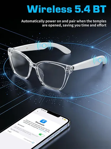 Vista 6 de Lentes inteligentes para mujer, con audio de oído abierto, Bluetooth con marco transparente, llamadas manos libres, cómodos de llevar para viajes