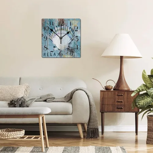 Vista 4 de Reloj retro de madera con ancla de vela, reloj de pared rústico con temática costera de océano, reloj colgante de grano de madera, silencioso a