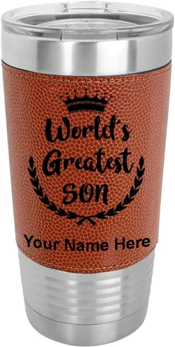 Vista 9 de LaserGram Vaso aislado al vacío de 20 onzas, el hijo más grande del mundo, grabado personalizado incluido (piel sintética, estilo béisbol)