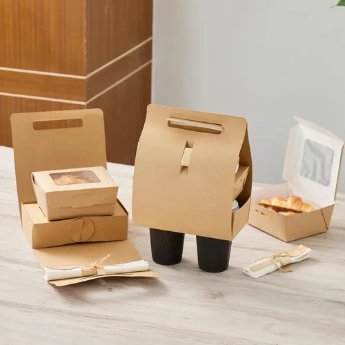 Vista 3 de Restaurantware Bio Tek - Loncheras de papel de 8.75 x 4.25 x 8 pulgadas con asas, 100 recipientes desechables de papel kraft para alimentos
