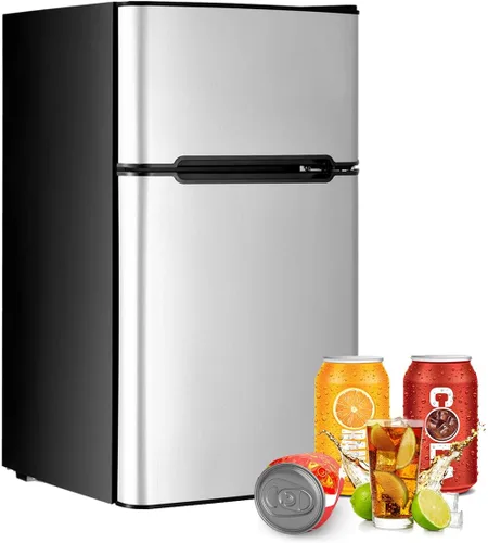 Vista 8 de Mini refrigerador con congelador, refrigerador compacto de 3.2 pies cúbicos, refrigerador de doble puerta con temperatura ajustable y estantes