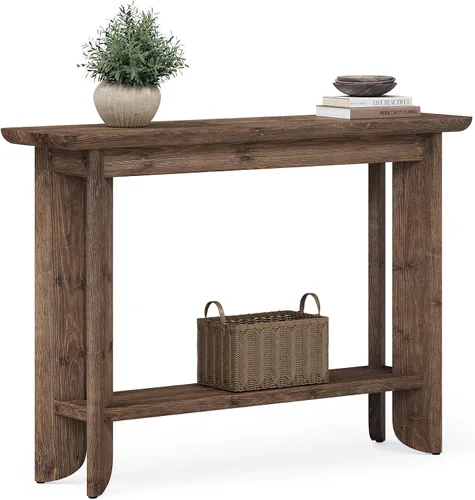 Vista 10 de LITTLE TREE Mesa de sofá de 41.3 pulgadas, mesa consola de madera maciza de 2 niveles para sala de estar, moderna mesa de sofá detrás del sofá, mesa