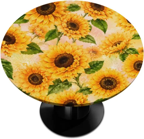 Vista 37 de Mantel redondo ajustado con diseño de calabaza de otoño, hojas de otoño, color amarillo, pequeño con borde elástico, manteles circulares lavables