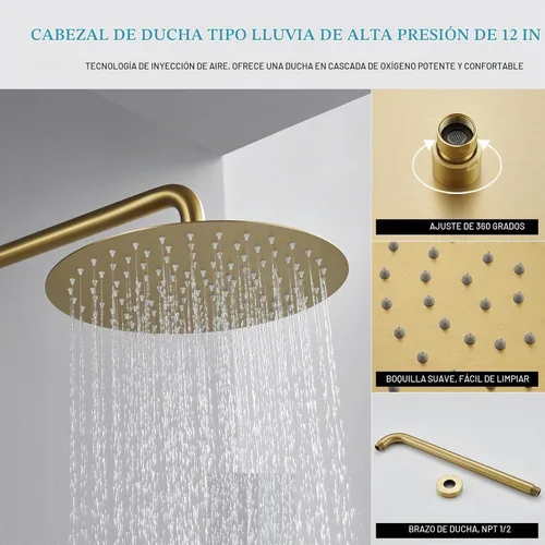 Vista 3 de Sistema de ducha de oro cepillado de 12 pulgadas para baño, cabezal de ducha de lluvia dorado de alta presión con rociador de mano, accesorios