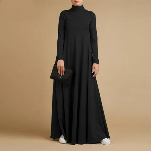 Vista 2 de Vestido largo casual para mujer, de manga larga, cuello falso, vestido de Ramadán musulmán Abaya, vestido maxi fluido, vestido de noche islámico