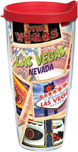 Vista 14 de Tervis Nevada - Vaso de collage de Las Vegas con envoltura y tapa roja, 16 onzas, transparente