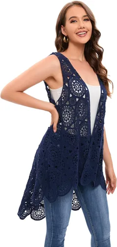 Vista 4 de Chaleco de encaje de ganchillo para mujer, estilo bohemio, sin mangas, kimono con dobladillo irregular