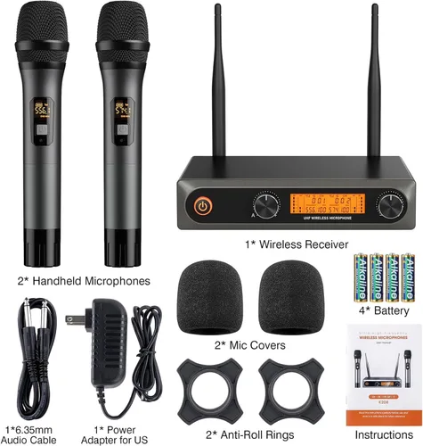 Vista 5 de Sistema de micrófono inalámbrico, micrófonos inalámbricos sin cable duales UHF de metal, micrófono de mano, juego de micrófono inalámbrico