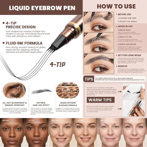 Vista 2 de Lápiz de cejas, 2 bolígrafos de cejas de microblading impermeables, 4 puntas precisas para mujeres, para crear cabello sin esfuerzo como cejas