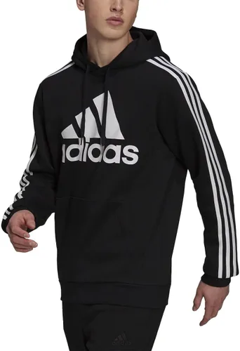Vista 3 de adidas Sudadera con capucha de forro polar de 3 rayas para hombre, Gris jaspeado medio-negro.