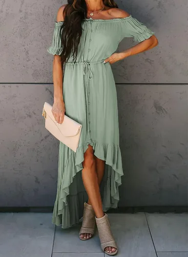 Vista 3 de Happy Sailed - Vestido largo casual con hombros descubiertos para mujer manga corta dobladillo irregular con volantes para dama de honor fiesta